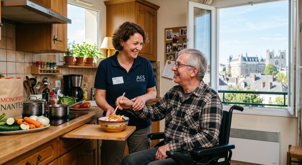 Accompagnant éducatif et social (AES) accompagnant une personne en situation de handicap dans les gestes du quotidien