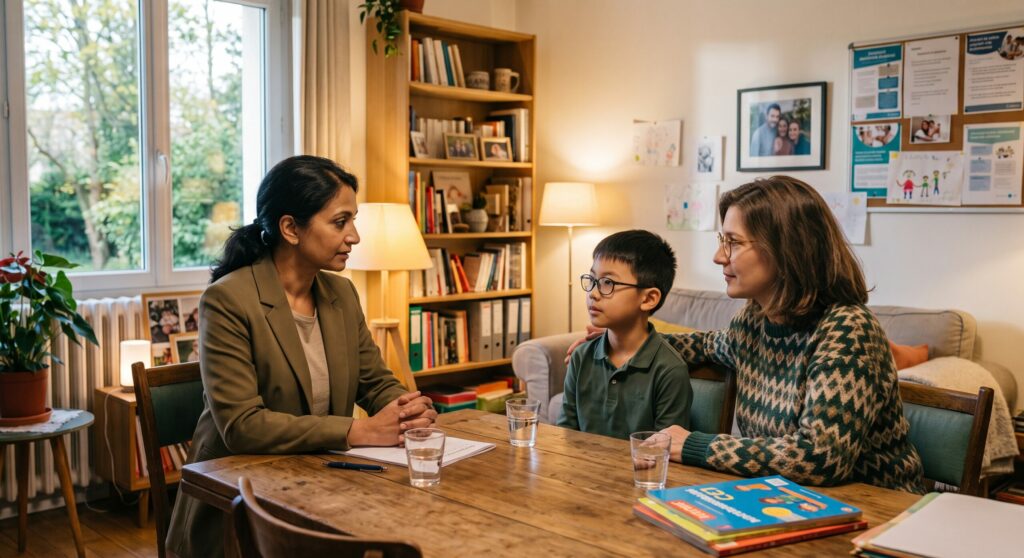 Assistant de service social en entretien avec une famille, accompagnement social dans le cadre de la Protection de l'Enfance