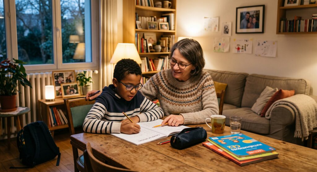 Assistant familial aidant un enfant confié par l'ASE à faire ses devoirs dans un cadre familial bienveillant