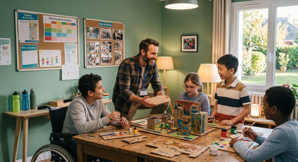 Éducateur spécialisé animant une activité éducative avec des jeunes en établissement médico-social